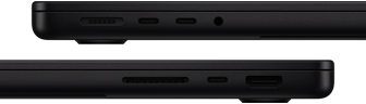 Porty MacBooku Pro – levá strana: MagSafe 3, dva porty Thunderbolt, sluchátkový konektor – pravá strana: slot na karty SDXC, jeden port Thunderbolt, HDMI